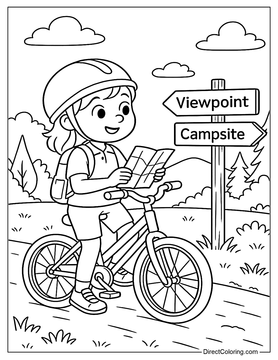 Coloring page of a girl stopping her bike at the sign 